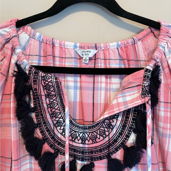 Crown & Ivy Dress Sz 14 Pink Blue White Plaid Tassel Short Sleeve Beach Casual - Picture 4 of 12